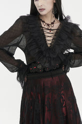 Black Thin Waist Plaid Stitching Layered Lace Long Sleeves Women's Gothic Shirt